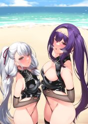 2girls absurdres beach black_legwear breasts cleavage cleavage_cutout clothes_pull clothing_cutout grey_hair hair_ribbon hie_(hiememiko) hiememiko highres kantai_collection large_breasts latex medium_breasts multiple_girls murakumo_(kantai_collection) ocean ponytail purple_eyes purple_hair ribbon side_ponytail swimsuit swimsuit_pull thighhighs tress_ribbon yellow_eyes