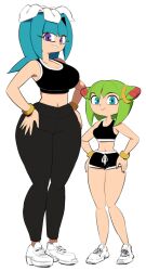 2girls big_ass big_breasts big_butt black_clothing blue_hair breasts cosmo_the_seedrian dark_clothing female female_focus female_only galaxina_the_seedrian green_hair purple_eyes sega sisters small_ass small_breasts small_butt smaller_female sneakers sonic_(series) sonic_the_hedgehog_(series) sonic_x tagme taller_female taller_girl taller_woman teal_eyes voluptuous wide_hips workout_clothes yuta_agc