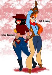 2girls artist_name atomickingboo bethany_hummingbird breasts bust busty cowgirl freckles high_heels hips legs light-skinned_female light_skin lips lipstick long_hair lower_body multiple_girls native_american orange_hair original_character red_hair rudy_roundup thighs upper_body voluptuous waist western wide_hips wild_west