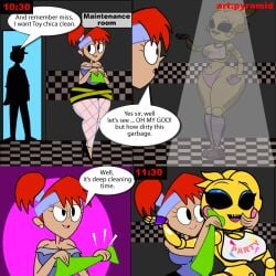 2girls comic dexter's_laboratory dexter's_mom english_text five_nights_at_freddy's multiple_girls pyramid_(artist) tagme text toy_chica_(eroticphobia) toy_chica_(fnaf) yuri