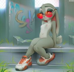 anthro flat_chest furry glasses judy_hopps looking_at_viewer miles_df naked naked_footwear nude_female public public_nudity thick_thighs wide_hips zootopia