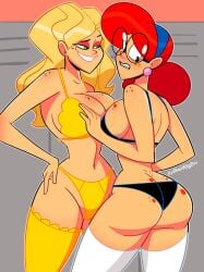 2girls artist_name ass big_breasts blonde_hair bra breasts busty earrings female female_only freckles ginger ginger_hair glasses hair_bun hips light-skinned_female light_skin long_hair multiple_girls nerd original original_character panties red_hair sarah_mcneil terra_mandrile thick thick_thighs thighhighs voluptuous watermark wide_hips