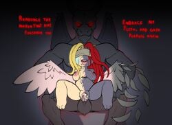 angel black_skin blindfold blood breasts demon_girl dick female fours_(artist) horns lilith_(the_binding_of_isaac) male penis red_hair satan_(the_binding_of_isaac) text the_binding_of_isaac wings