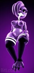 3d animatronic chica_(fnaf) eyeshadow five_nights_at_freddy's long_tongue purple purple_background shadow_toy_chica solo spiked_collar thighhighs tongue_out toy_chica_(fnaf)