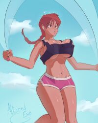 alteredexo aubrey_(character) big_breasts big_thighs jumping ponytail skipping_rope sweat sweatdrop tanned tanned_skin