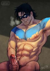 1boy abs armpit batman_(series) crisart cum dc dc_comics dick_grayson eye_mask male male_focus male_only masturbation nightwing precum_trail solo teen_titans