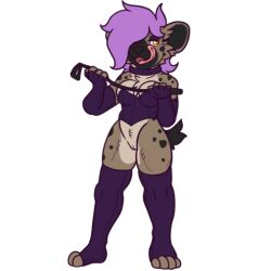 amber_eyes anthro bondage breasts cinix clothing collar corset dominatrix female femdom genitals gloves hair handwear hyaenid legwear licking licking_lips lingerie looking_at_viewer mammal panda-chan_(artist) purple_clothing purple_hair pussy riding_crop solo spotted_hyena stockings tongue tongue_out topwear whip