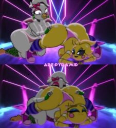 2girls female/female five_nights_at_freddy's fnaf glamrock_chica_(fnaf) jack-o_pose multiple_girls pyramid_(artist) tagme toy_chica_(eroticphobia) toy_chica_(fnaf)