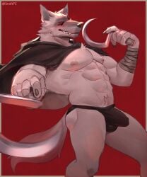 5_fingers abs absurd_res anthro bandage biceps big_bulge black_clothing black_jockstrap black_underwear bulge canid canine canis cape claws clothing death_(puss_in_boots) fangs fingers fur grey_body grey_fur hi_res hood humanoid jockstrap looking_at_viewer male male/male male_only mammal mostly_nude muscular muscular_anthro muscular_male nipples pecs pubes red_background red_eyes sickle simple_background smile smiling_at_viewer snaftfc solo standing tail teeth underwear weapon white_body wolf