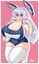 alternate_breast_size ayazumi_flutter blue_swimsuit blush breasts cleavage collarbone curvy female female_focus gigantic_breasts kantai_collection kneeling long_hair murakumo_(kantai_collection) one-piece_swimsuit orange_eyes plump school_swimsuit sideboob silver_hair simple_background solo swimsuit thick_thighs thighhighs thighs white_legwear wide_hips