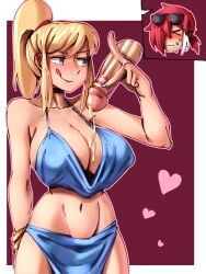 1boy artist_self-insert bikini blue_eyes breasts choker cum embarrassed female greek_clothes handjob heart large_breasts licking_lips metroid nintendo nonosamu penis red_hair samus_aran straight tongue