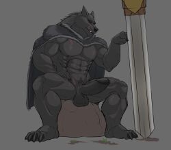 2022 abs absurd_res anthro balls bara big_penis biped black_glans blaidd_(elden_ring) canid canine canis cape cape_only claws clothing digital_media_(artwork) elden_ring facial_scar finger_claws fromsoftware fur genitals glans grey_background grey_body grey_fur hi_res holding_object holding_sword holding_weapon humanoid_genitalia humanoid_penis male male_only mammal melee_weapon mostly_nude muscular muscular_anthro muscular_male nipples pecs penis plantigrade scar seyrmo simple_background sitting solo sword toe_claws video_games weapon wolf