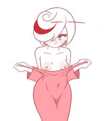 1girls 2022 blush breasts female female_only monochrome postnutgroov red_eyes red_hair sage_(sonic_frontiers) sega self_upload short_hair small_breasts solo sonic_(series) sonic_frontiers sonic_the_hedgehog_(series) undressing white_hair wide_hips