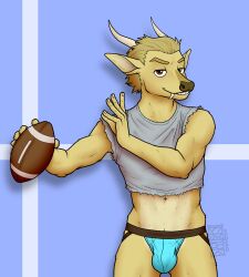 1boy anthro ball brown_eyes bulge cervid cervine clothing crop_top dj_strap fangs football_(ball) fur hi_res horn jockstrap male male_only mammal midriff muntjac shirt solo takhoma_rose topwear underwear yellow_body yellow_fur