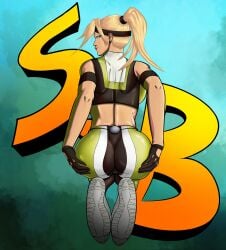 1girls 2d armband athletic_female athletic_wear big_ass blonde_hair crop_top fit_female fitness gym_clothes headband mortal_kombat ponytail round_butt showing_ass showing_off sonya_blade tight_clothing vante_light workout_clothes