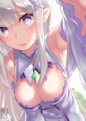 1girls armpits arms_up bangs bare_shoulders big_breasts blurry blush braid breasts breasts_focus cleavage clothed clothed_female clothing crown_braid depth_of_field detached_collar detached_sleeves down_blouse dressed dutch_angle elf elf_ears elf_female elf_girl emilia_(re:zero) exposed_breasts exposed_shoulders female female_only green_jewel hair_flower hair_ornament half-elf half_elf hand_up huge_breasts kijibato_123-gou large_breasts light-skinned_female light_skin lips long_hair looking_at_viewer looking_worried lower_lip neck_jewelry one_arm_up out_of_frame pointy_ears purple_eyes re:zero_kara_hajimeru_isekai_seikatsu silver_hair solo sweat sweatdrop sweating very_long_hair white_clothing white_dress white_flower white_hair white_legwear