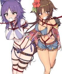 2girls arms_behind_back bangs bikini blue_bikini bondage bound breasts brown_eyes brown_hair cat_ears chains circlet cleavage covered_nipples crotch_rope denim fangs female female_only femsub hair_flower jean_shorts kaori_(princess_connect!) kinbaku kinbakuman large_breasts leash long_hair makoto_(princess_connect!) multiple_girls multiple_subs navel o-ring o-ring_bikini open_mouth princess_connect! princess_connect!_re:dive purple_bikini purple_hair rope rope_bondage rope_harness see-through see-through_clothing see-through_shirt shiba*ri shibari shibari_over_clothes simple_background sweatdrop tail white_background