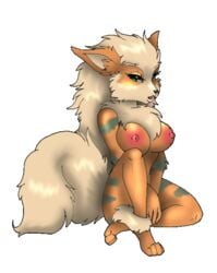 anthro arcanine barefoot beige_fur breasts color female female_only fur furry green_eyes nipples nude orange_fur pokemon pokemon_(species) sitting solo sugarcup tagme