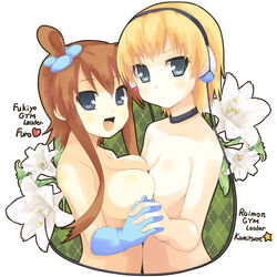 2girls argyle argyle_background asymmetrical_docking bad_id blonde_hair blue_eyes breast_press breast_to_breast breasts breasts_to_breasts brown_hair choker cleavage colored elesa_(pokemon) elesa_(pokemon_bw) female female_only flower gloves gym_leader hand_holding headphones highres holding_hands human human_only lily_(flower) multiple_females nintendo nude open_mouth pokemon pokemon_bw skyla_(pokemon) smile tanno_shii yuri