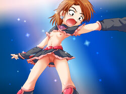 breasts brown_eyes brown_hair censored clothing cure_black female flat_chest ganmou_koubou magical_girl metal_gummo misumi_nagisa open_mouth pretty_cure pussy shirt shirt_lift short_hair skirt skirt_lift spread_legs