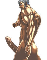 1boy ass bara capcom hair huge_cock human male male_only muscle nude penis rabbit_(artist) rabbit_(pixiv744412) simple_background solo street_fighter urien