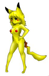 anthro breasts color female female_only fur furry hand_on_hip nintendo nipples nude pikachu pokemon red_nipples solo standing sugarcup tagme yellow_fur