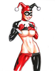 1girls batman_(series) belly_button big_boobs big_breasts blue_eyes dc female female_only fred_sadek harley_quinn looking_at_viewer mask midriff midriff_baring_shirt navel ralfieboy smile solo tagme underboob