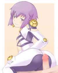 ar_tonelico ar_tonelico_iii ass censored clothing flat_chest highres penis purple_eyes purple_hair short_hair simple_background smile tilia