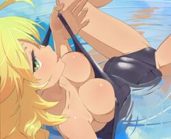 ahoge areolae arm_support bare_shoulders blonde_hair blush breasts cleavage down_blouse female from_above green_eyes highres hoshii_miki idolmaster long_hair nipple_slip nipples on_back one-piece_swimsuit school_swimsuit shinjiro smile solo strap_pull swimsuit tongue water wet