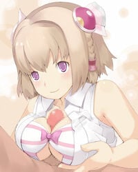 1boy 1girls ar_tonelico ar_tonelico_iii bra breasts censored cleavage clothing female highres large_breasts paizuri paizuri_under_clothes penis saki saki_(ar_tonelico) short_hair smile titfuck underwear