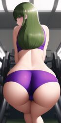 ai_generated ass bubble_butt cameltoe danganronpa danganronpa_3 green_hair gym gym_uniform huge_ass looking_at_viewer looking_back midriff n.c.b_ai nai_diffusion sato_(danganronpa) sports_bra stable_diffusion