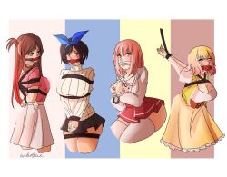 4girls arms_behind_back ass ball_gag black_hair blonde_hair blue_eyes bondage breasts brown_eyes brown_hair cleavage cleave_gag dress female femsub gag kanojo_okarishimasu legwear manacles mizuhara_chizuru multiple_girls multiple_subs nanami_mami peril red_eyes red_hair rope rope_harness sakurasawa_sumi saliva sarashina_ruka shibari shirt submissive tshirt