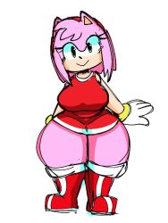 1girls amy_rose boots exposed_thighs female green_eyes large_ass looking_at_viewer mochikirb pink_fur red_shirt shortstack solo sonic_(series) sonic_the_hedgehog_(series) thick_ass thick_thighs voluptuous