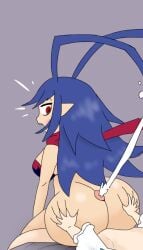 1boy 1girls ass ass_grab assjob big_ass big_breasts big_butt blue_hair blush buttjob covered_buttjob cum cumming_from_buttjob cumshot disgaea disgaea_d2 ejaculation elf_ears female godalmite hands_on_ass huge_ass huge_butt laharl laharl-chan long_hair looking_back male male/female nippon_ichi_software penis pointy_ears red_eyes shocked shocked_expression sicily source_request tagme