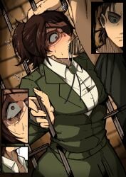 absurdres attack_on_titan black_hair blush brown_hair censored cum cum_in_mouth cum_in_throat deepthroat eren_jaeger fellatio female gag gagging glasses hanji_zoe highres irrumatio jacket mark_gavatino oral paradis_military_uniform rape shingeki_no_kyojin short_hair surprise_deepthroat surprised swallowing_bulge swallowing_cum swallowing_penis_while_deepthroat throat_barrier throat_bulge throat_fuck throat_penetration tight_throat uniform