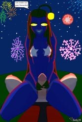 1boy 1girls 2022 4th_of_july alien alien_girl alien_humanoid antennae_(anatomy) ariel_(batboyexe) batboyexe blue_skin double_handjob fireworks green_hair handjob imminent_sex mermaid nipple_pasties nipples stars steve_(batboyexe) tagme tanline tentacle_hair two_hands_handjob