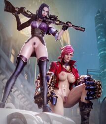 2girls arcane arcane_caitlyn arcane_vi areolae black_hair bottomless breasts breasts_out caitlyn_kiramman canon_couple casual city clothing exhibitionism female female_only firearm footwear going_commando high_resolution human league_of_legends long_hair medium_hair multiple_girls muscular_female nipples no_panties no_pants outdoors outerwear pale_skin pink_hair pubic_hair rain red404 rifle riot_games solo_female thighhighs very_high_resolution vi video_games weapon yuri