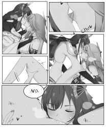 2girls 5koma absurdres animal_ears bare_shoulders blush breasts cleavage closed_eyes comic cunnilingus english_text face-to-face fox_ears genshin_impact greyscale hair_ornament head_out_of_frame heart hickey highres japanese_clothes kimono kissing large_breasts lying miko mole mole_under_eye monochrome multiple_girls on_back open_mouth oral pussy_juice raiden_shogun rudang saliva speech_bubble spread_legs sweat tongue tongue_out yae_miko yuri