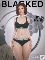 1girls 3d abs black_nails black_widow_(marvel) blacked blacked_clothing bra cleavage currysfm female female_only highres human human_only light-skinned_female light_skin marvel marvel_cinematic_universe marvel_comics midriff natasha_romanoff panties poster red_hair scarlett_johansson smile solo standing underwear watermark wide_hips