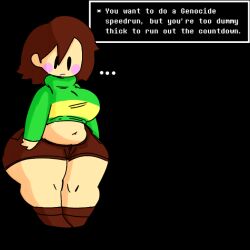 1girls 2d booty_shorts brown_hair chara chara_(mochikirb_style) english_text female female_only green_sweater humanoid humor mob_face mochikirb rosy_cheeks solo striped_clothing teapot_(body_type) text thick_ass thick_thighs undertale undertale_(series) voluptuous |_|