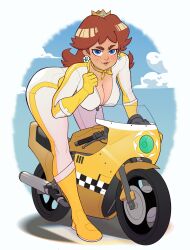 1girls absurd_res bike blue_eyes bodysuit boots breasts brown_hair cleavage crown earrings female female_only flower_earrings freckles gloves handkerchief hi_res large_breasts leaning_forward looking_at_viewer mario_(series) mario_kart motorcycle nintendo princess_daisy racing racing_suit shoulder_length_hair solo tan-skinned_female tan_skin wheatlie