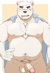 2022 anthro balls belly black_nose blush eyewear genitals glasses hagom hi_res humanoid_genitalia humanoid_hands humanoid_penis kemono male mammal nipples overweight overweight_male penis polar_bear scar simple_background solo ursid ursine