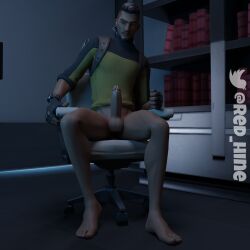 black_eyes black_hair brown_skin chair feet foot_fetish fortnite gay hugo_(fortnite) legs office red_hine secretary semi-clothed sitting