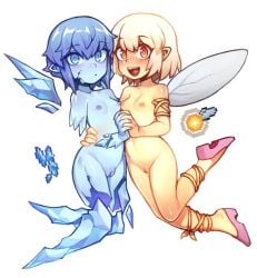 2girls areolae bandage blue_skin breasts colored_skin elemental fairy female female_only heels humanoid ice ice_elemental ice_elemental_(terraria) looking_at_viewer multiple_girls not_furry nude nude_female nyong_nyong pixie pixie_(terraria) pussy short_hair small_breasts smile tagme terraria vagina white_background wings yellow_skin