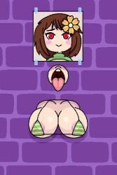 bikini bikini_top breasts brown_hair chara clothing fapwall flower flower_in_hair glory_hole open_mouth red_eyes shy_jaz through_wall undertale undertale_(series)