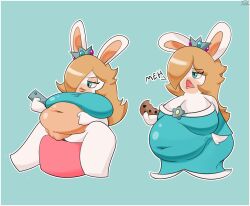 anthro belly big_belly big_breasts bite_mark blonde_hair blue_eyes breasts clothed clothing cookie crown dress female food genitals hair hair_over_eye half-closed_eyes hi_res holding_cookie holding_food holding_object holding_phone huge_breasts lagomorph leporid mammal mario_(series) mario_+_rabbids mario_+_rabbids:_sparks_of_hope multicolored_body narrowed_eyes navel nintendo one_eye_obstructed open_mouth overweight overweight_anthro overweight_female phone pussy rabbid rabbid_rosalina rabbit raised_clothing raised_dress raving_rabbids robnashe solo two_tone_body ubisoft video_games