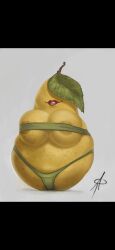 big_breasts bottom_heavy busty cleavage_overflow faceless_female fruit leaf lips lipstick pear pear_shaped smile teeth_showing tight_clothing tight_fit underwear unknown_artist visible_nipples visual_pun voluptuous what yellow_body