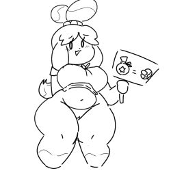 1girls 2022 animal_crossing anthro anthrofied canine crop_top female hair_ornament holding_object isabelle_(animal_crossing) mob_face mochikirb nintendo pussy shortstack sign solo teapot_(body_type) thick_thighs voluptuous