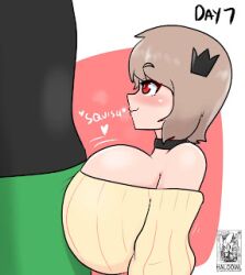 arctic_(arcticfoxlabs) covering_crotch female haloowl huge_breasts male no_nut_november no_nut_sabotage original_character paizuri queen_(someone750) titfuck titjob