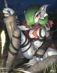 abs anthro athletic_female boots breasts cape chains clothing cosplay cosplay_gardevoir eye_scar eyelashes female gardevoir green_hair hair holding_weapon looking_at_viewer nintendo orange_eyes pokémon_(species) pokemon pokemon_(species) rilex_lenov scar